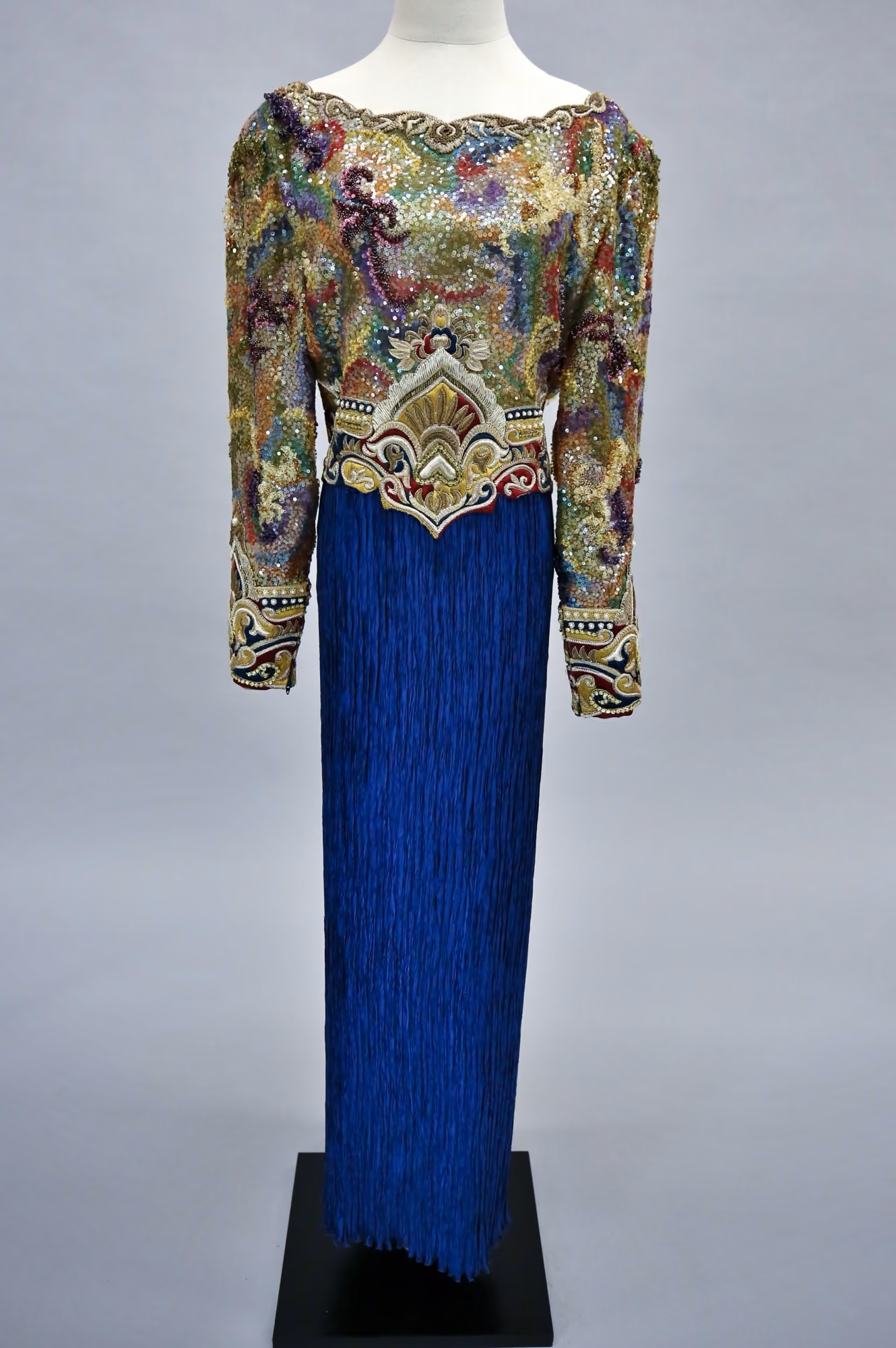 Blue & gold embellished pleated evening gown