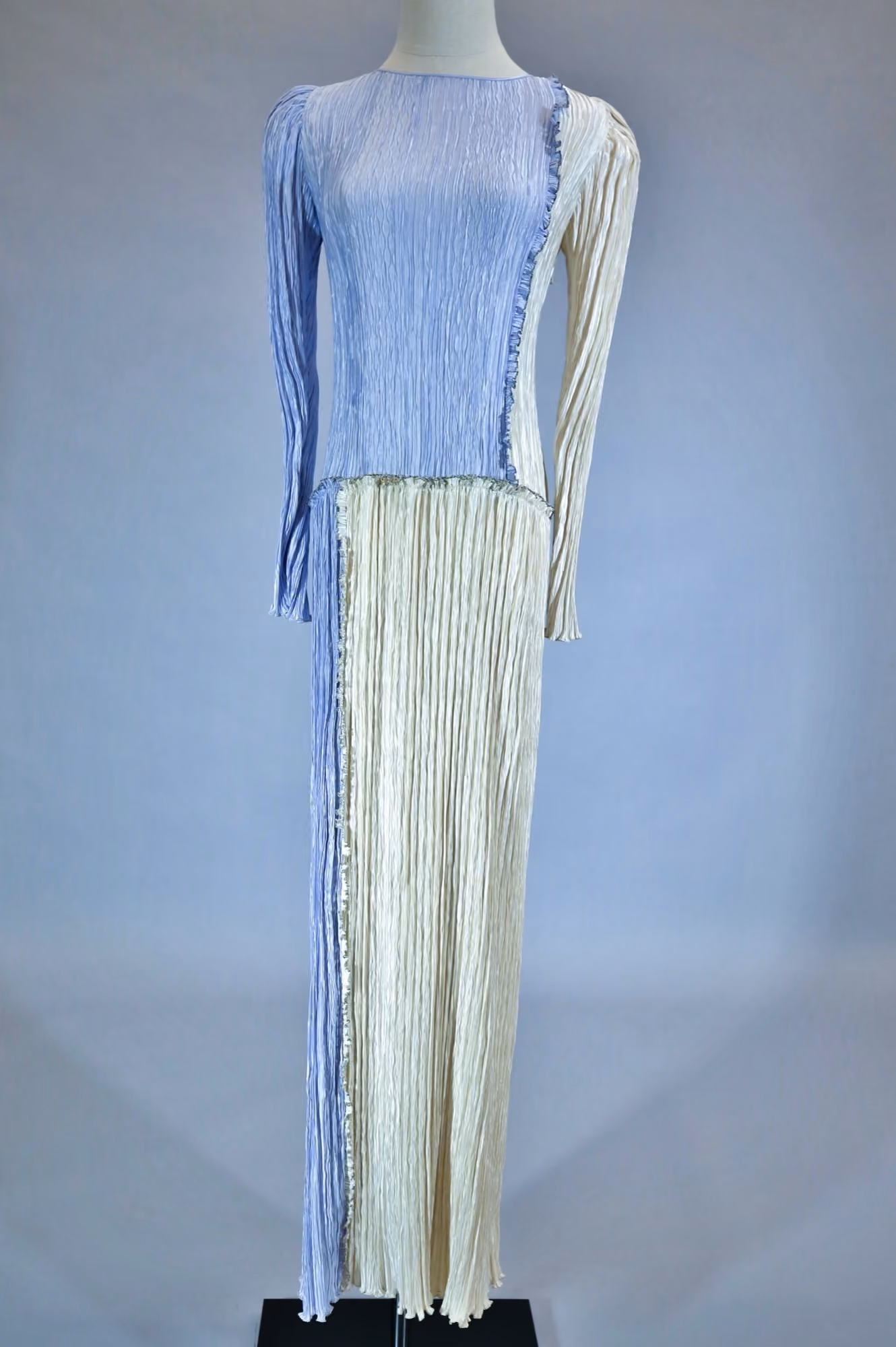 Purple & white pleated evening gown