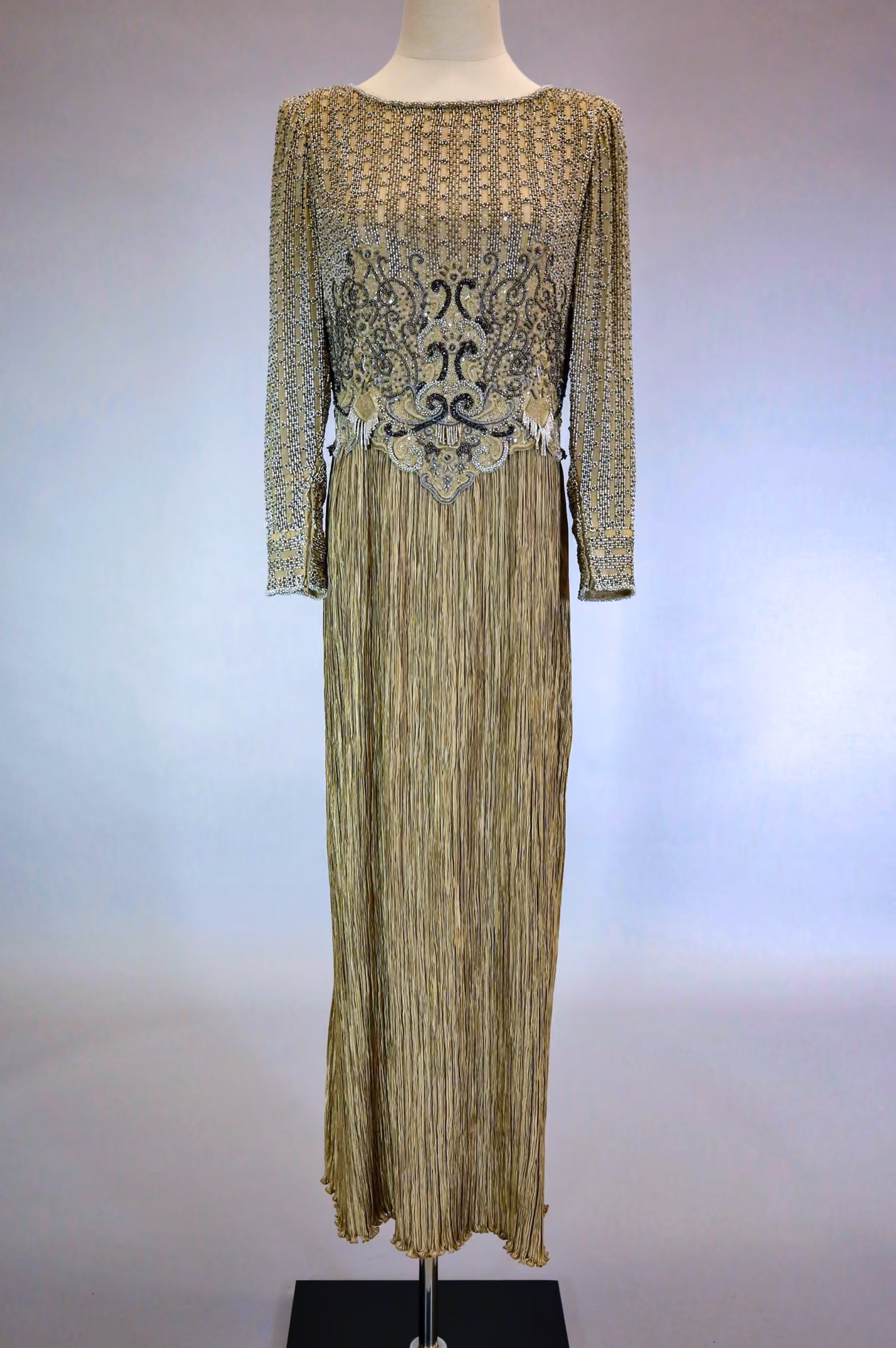 Brown pleated & embellished evening gown