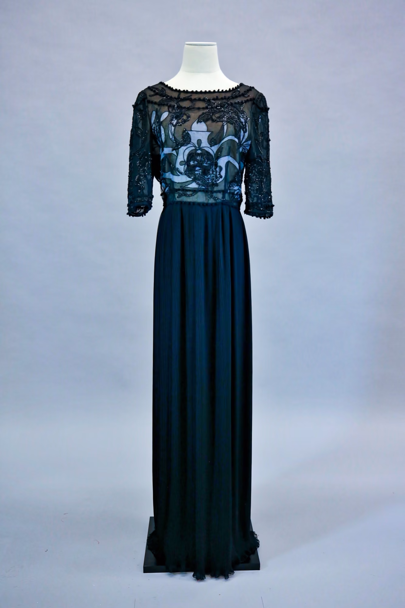 Black sheer embroidered pleated evening gown
