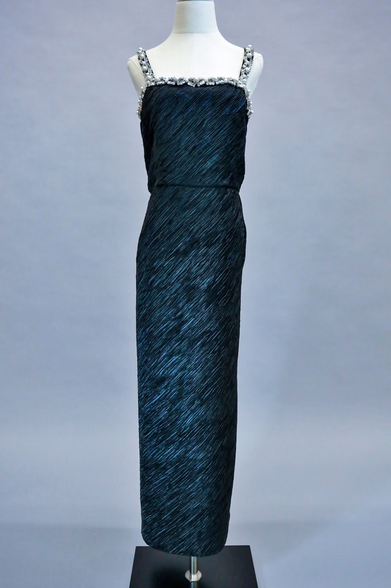 Black pleated & embellished evening gown