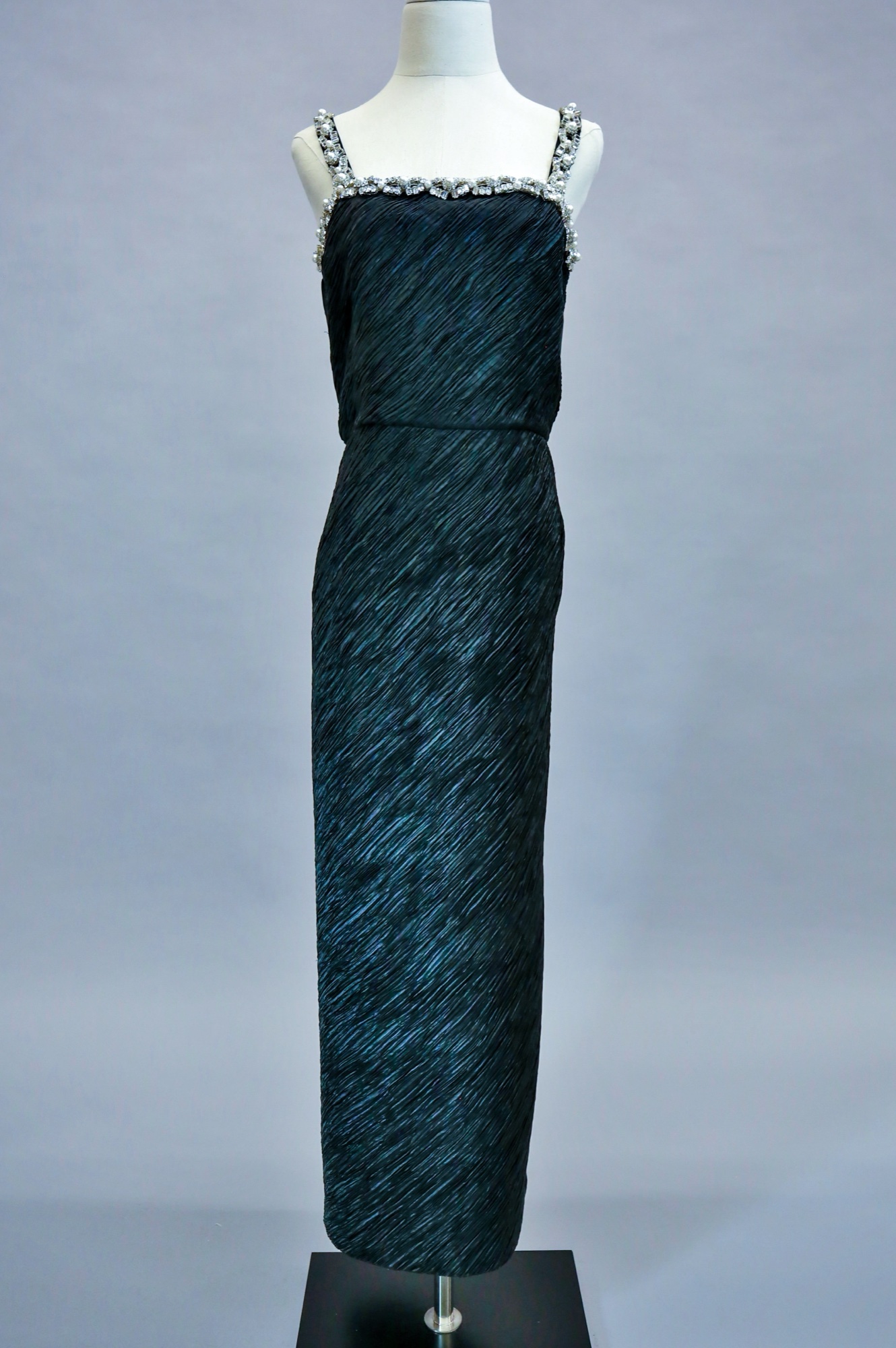 Black pleated & embellished evening gown