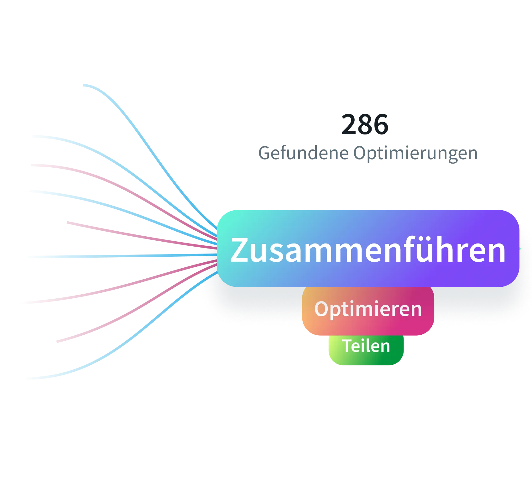 Diagramm zur Veranschaulichung des Zusammenführungsoptimierungsprozesses: Eingabe und Aufteilung von Daten, Optimierung, Zusammenführung und endgültige Ausgabe.