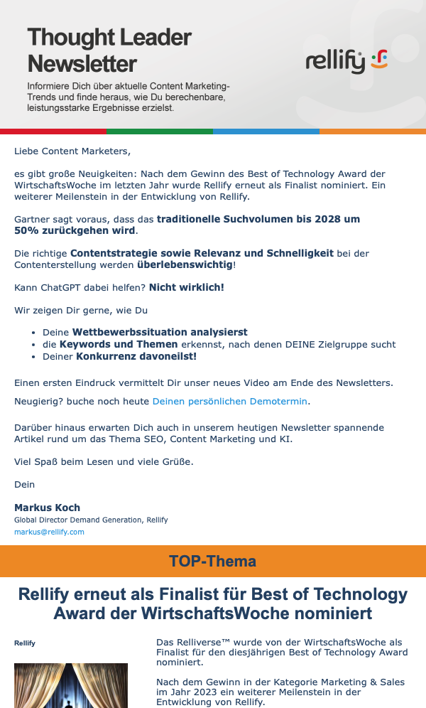 Im monatlichen Thought Leader Newsletter von Rellify findest Du aktuelle Top-Themen rund um Rellify sowie aktuelle Branchennews rund um de Themen "angewandte KI im Content Marketing", "SEO" und "Content Relevanz".
