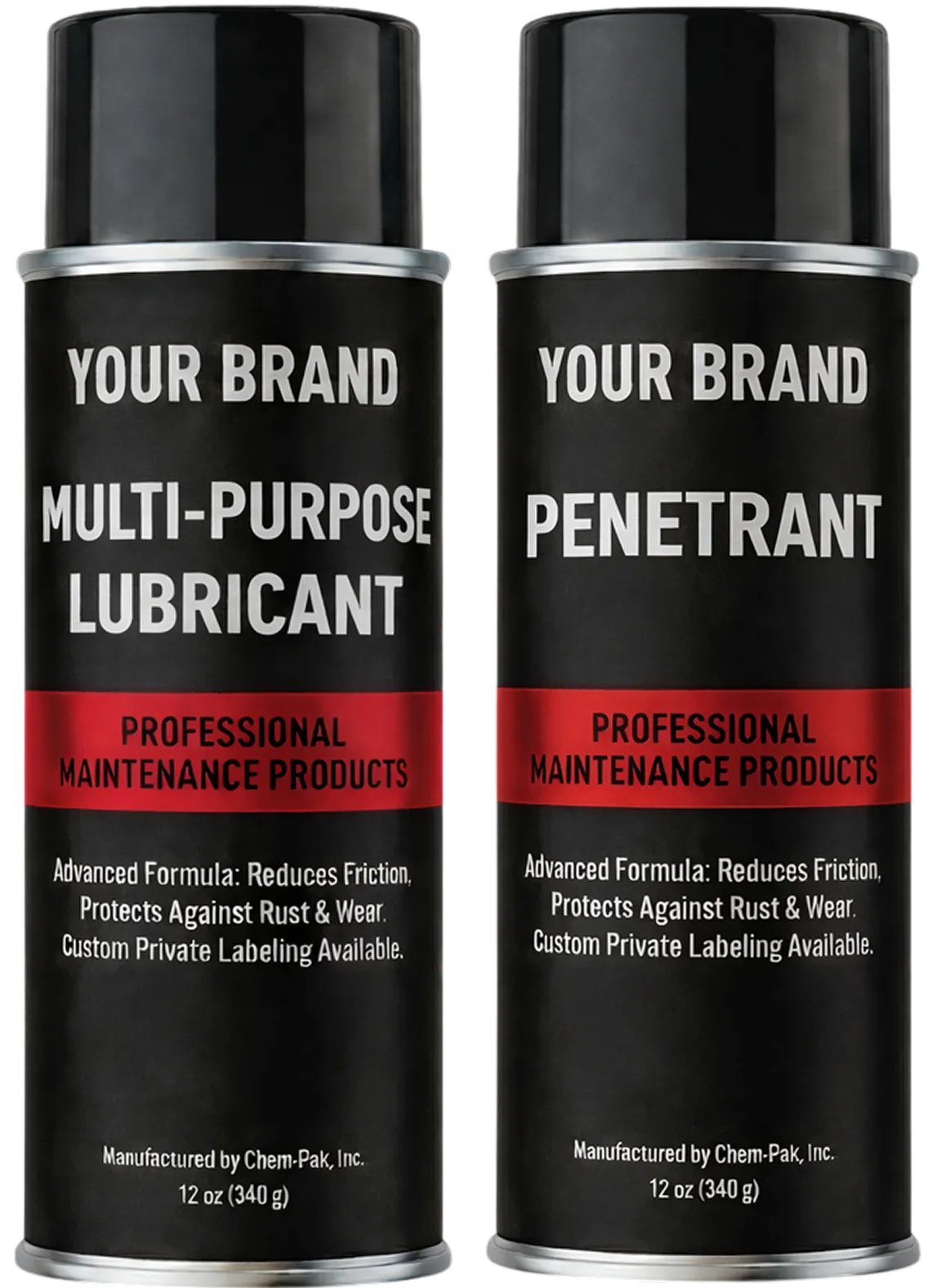 Two aerosol cans labeled Your Brand, a multi-purpose lubricant and a penetrant, shown as private label examples