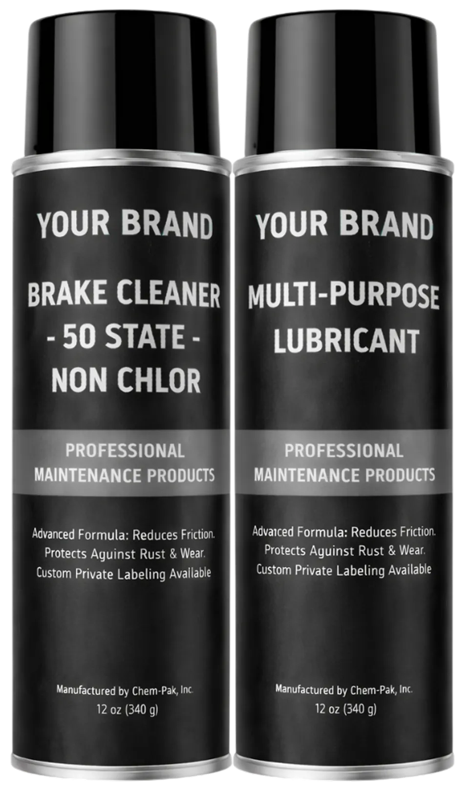 Two aerosol cans labeled Your Brand, a 50 state non-chlorinated brake cleaner and a multi-purpose lubricant, shown as private label examples