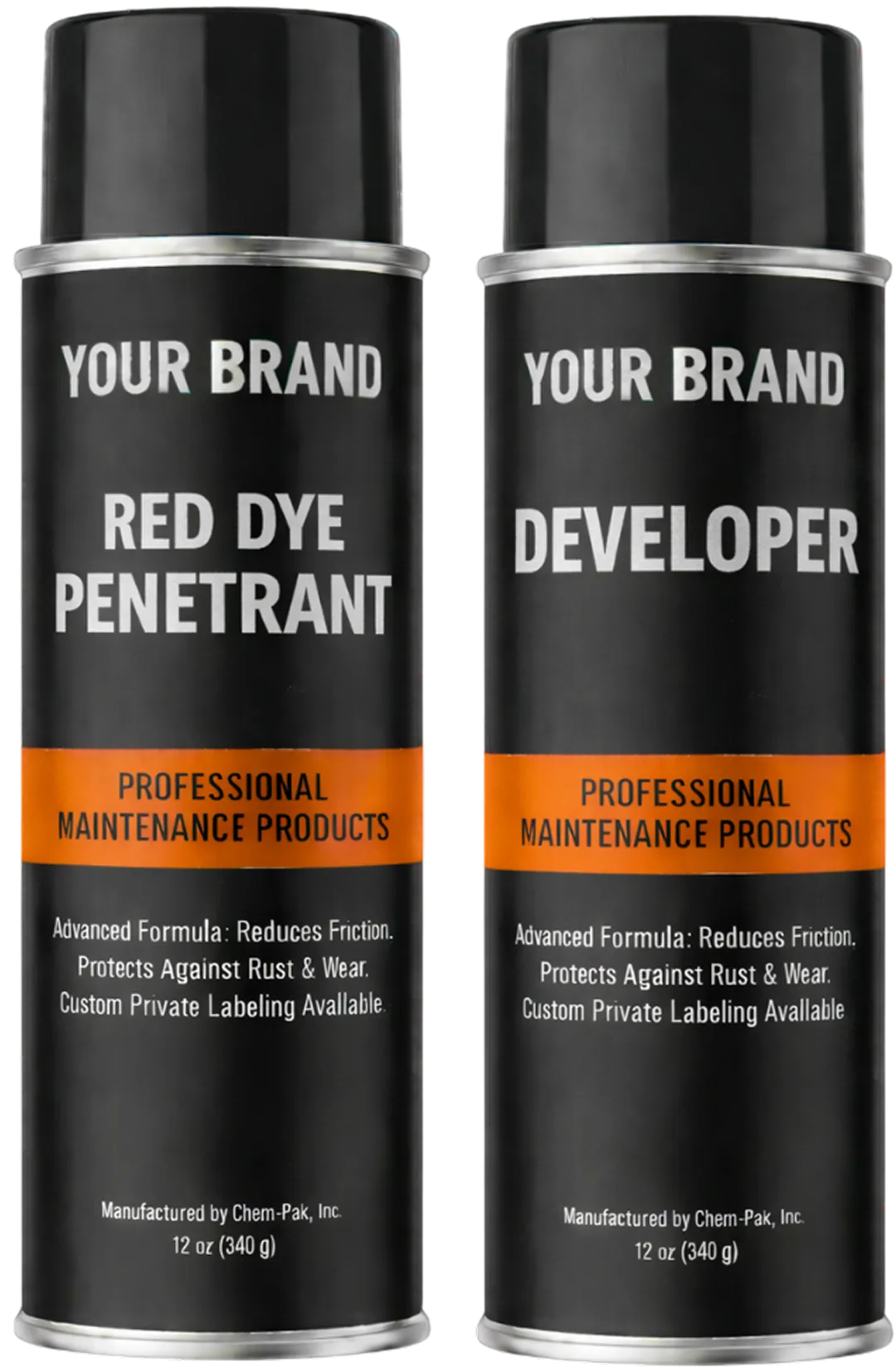 Two aerosol cans labeled Your Brand, a red dye penetrant and a developer, shown as private label examples