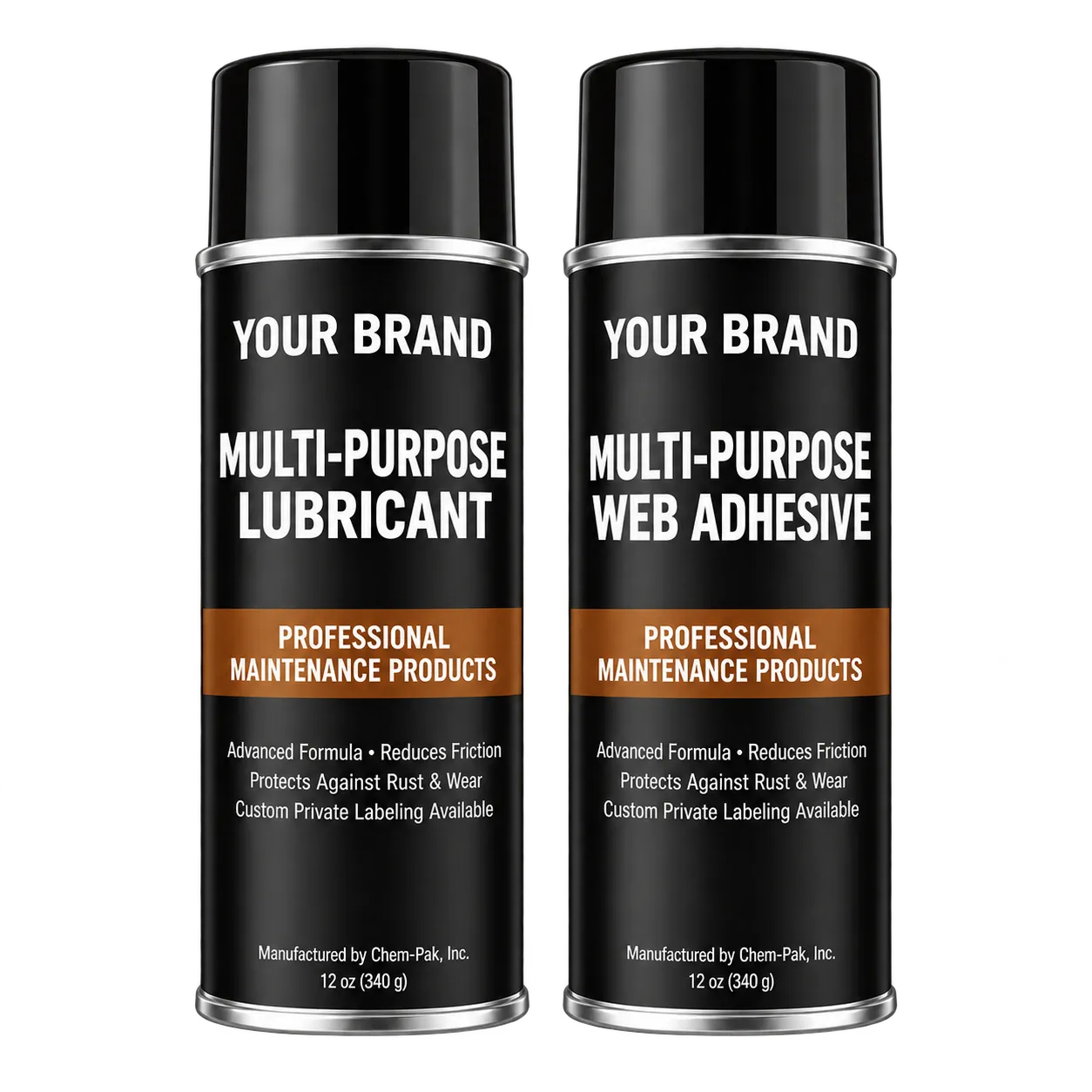 Two aerosol cans labeled Your Brand, a multi-purpose lubricant and a multi-purpose web adhesive, shown as private label examples