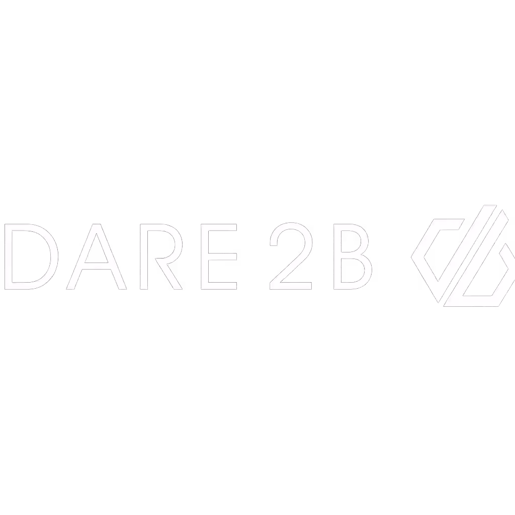 Dare 2B logo in white outline letters on a white background