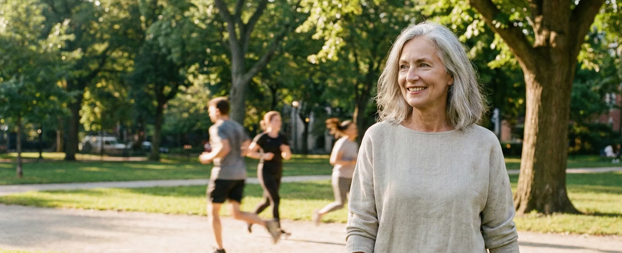 Smiling older woman with gray hair standing in a park with people jogging blurred in the background.