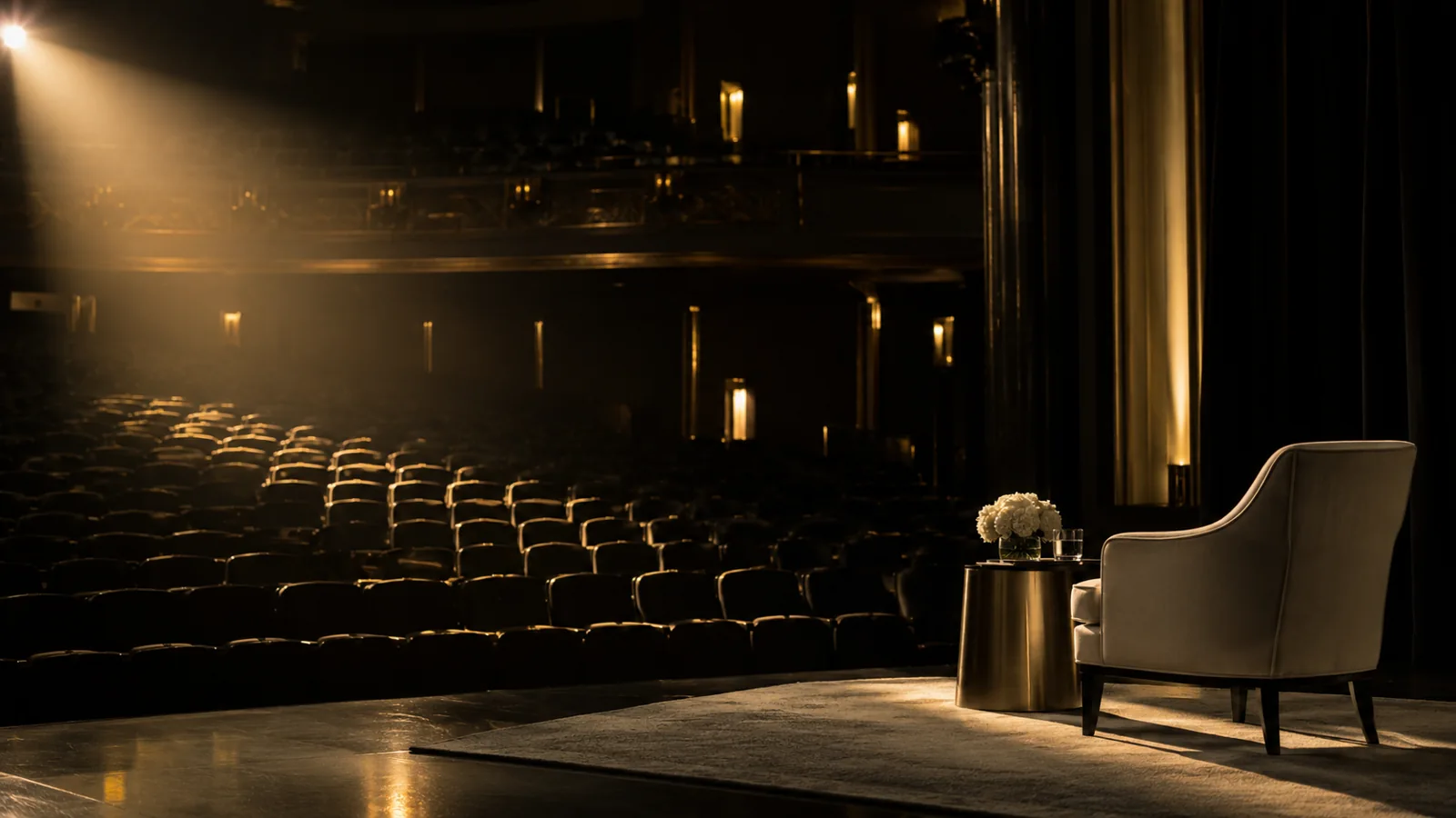 An empty chair on a softly lit stage, inviting a considered conversation