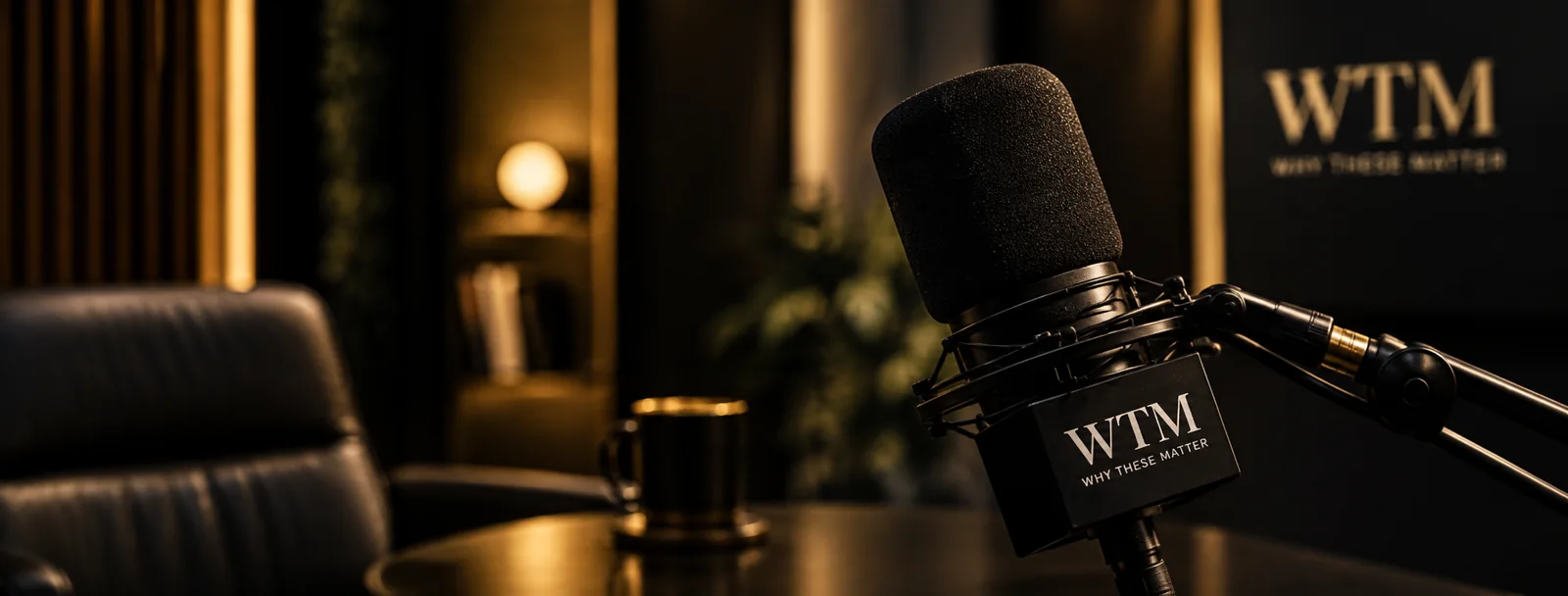 WTM-branded studio microphone in warm light