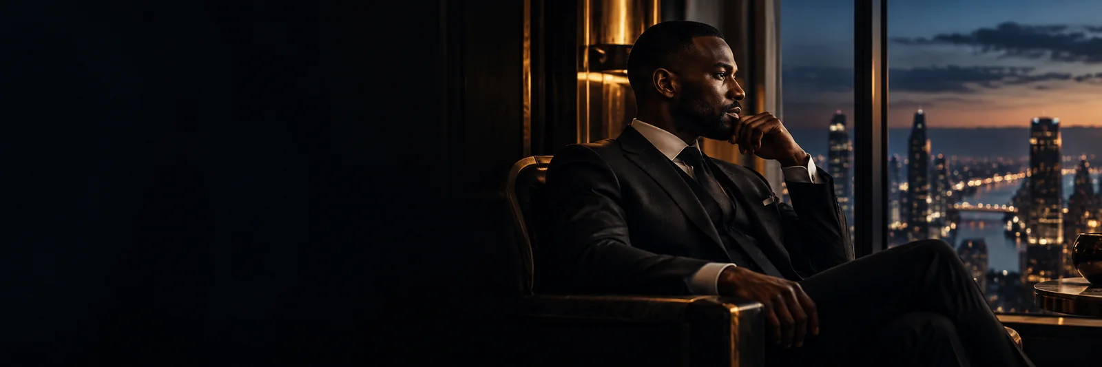 conceptual portrait of a thoughtful Black editorial analyst overlooking a city at blue hour.