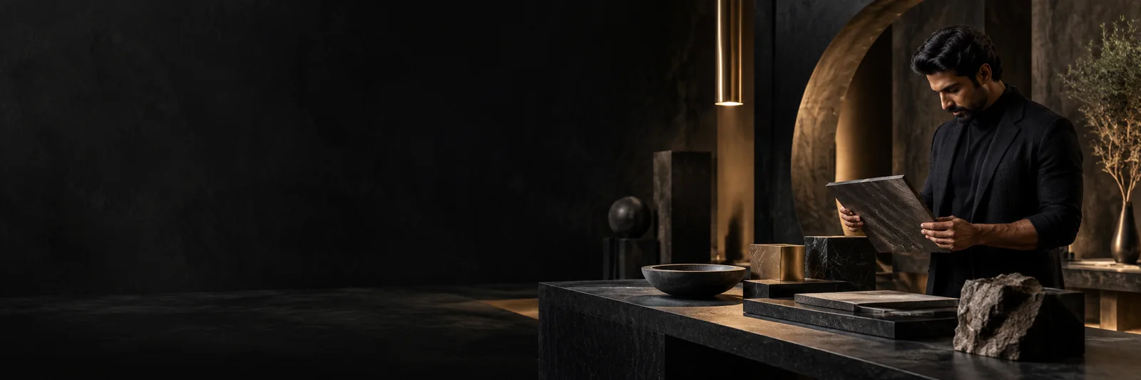 conceptual South Asian architectural designer reviewing a stone material in a sculptural atelier.