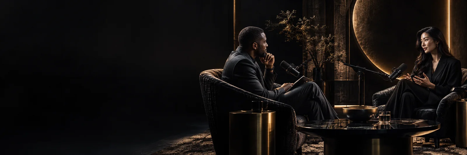 conceptual interview studio with a Black male interviewer and an East Asian female guest; not actual WTM guests.