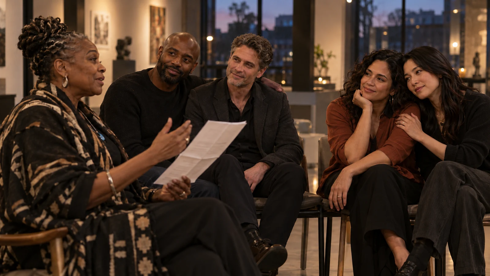 Fictional community reader in conversation with two interracial couples in an arts space.