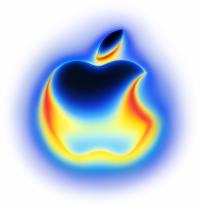 The Apple logo radiates with a blue gradient and is cast in thermal colors that flow from cool blue to yellow to hot red from the top of the Apple stem to the bottom of the Apple logo