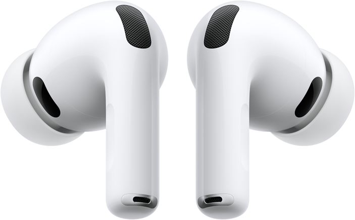 Back view of a pair of White Airpods Pro 3 facing in opposite directions on a white background.