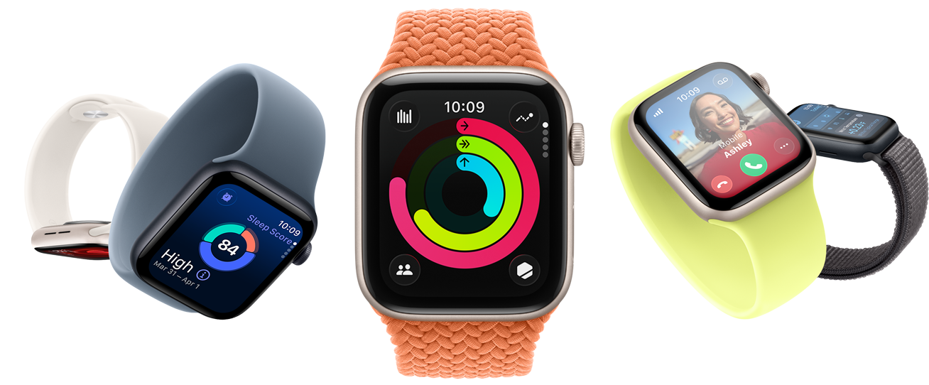 A series of Apple Watch SE devices in different orientations.
