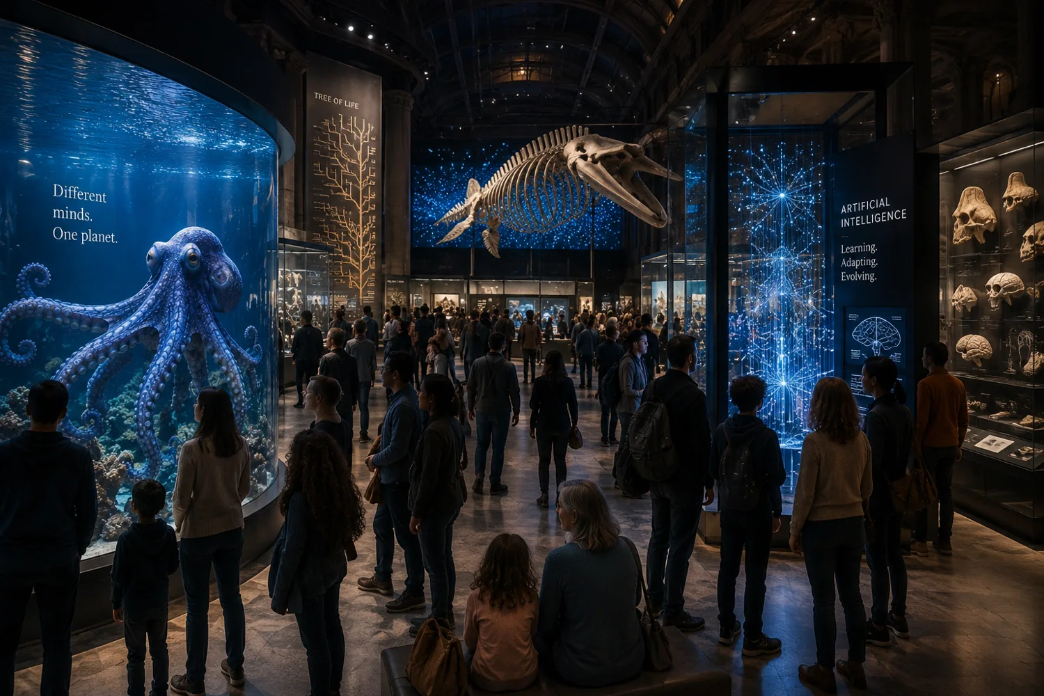 Conceptual visitors gathered in a natural history museum.