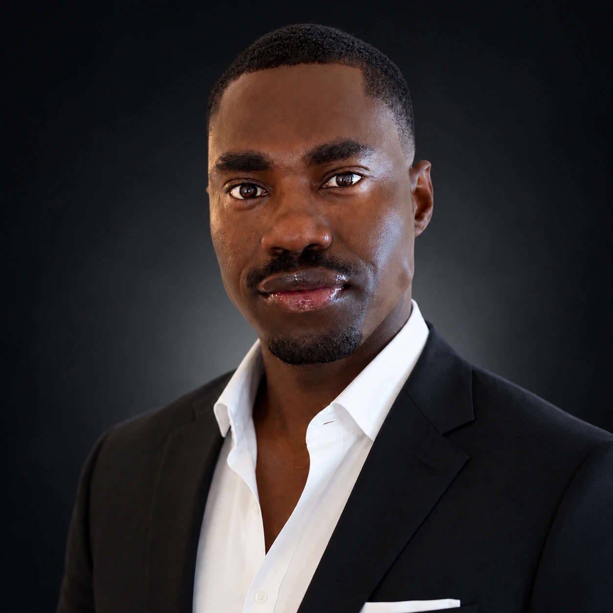 Kelly Dowd in a black suit and white shirt against a charcoal background