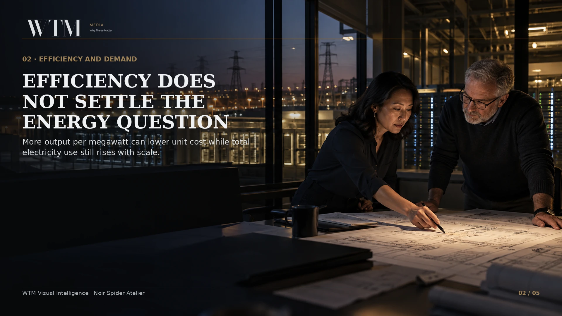 Illustrative energy planners reviewing datacentre power infrastructure for the section Efficiency does not settle the energy question.