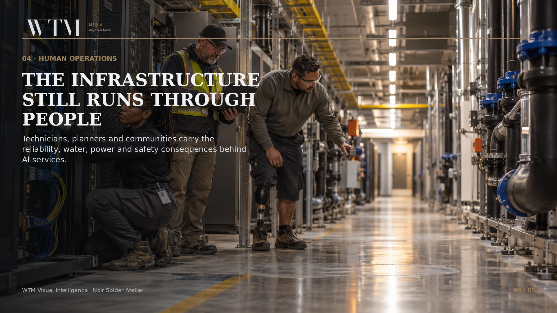 Illustrative diverse datacentre technicians conducting a maintenance inspection for the section Infrastructure decisions reorganise human work.