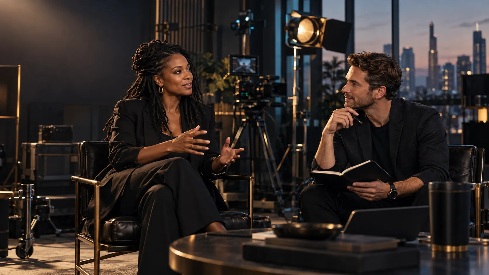 Two media collaborators discuss an interview production in a camera studio.