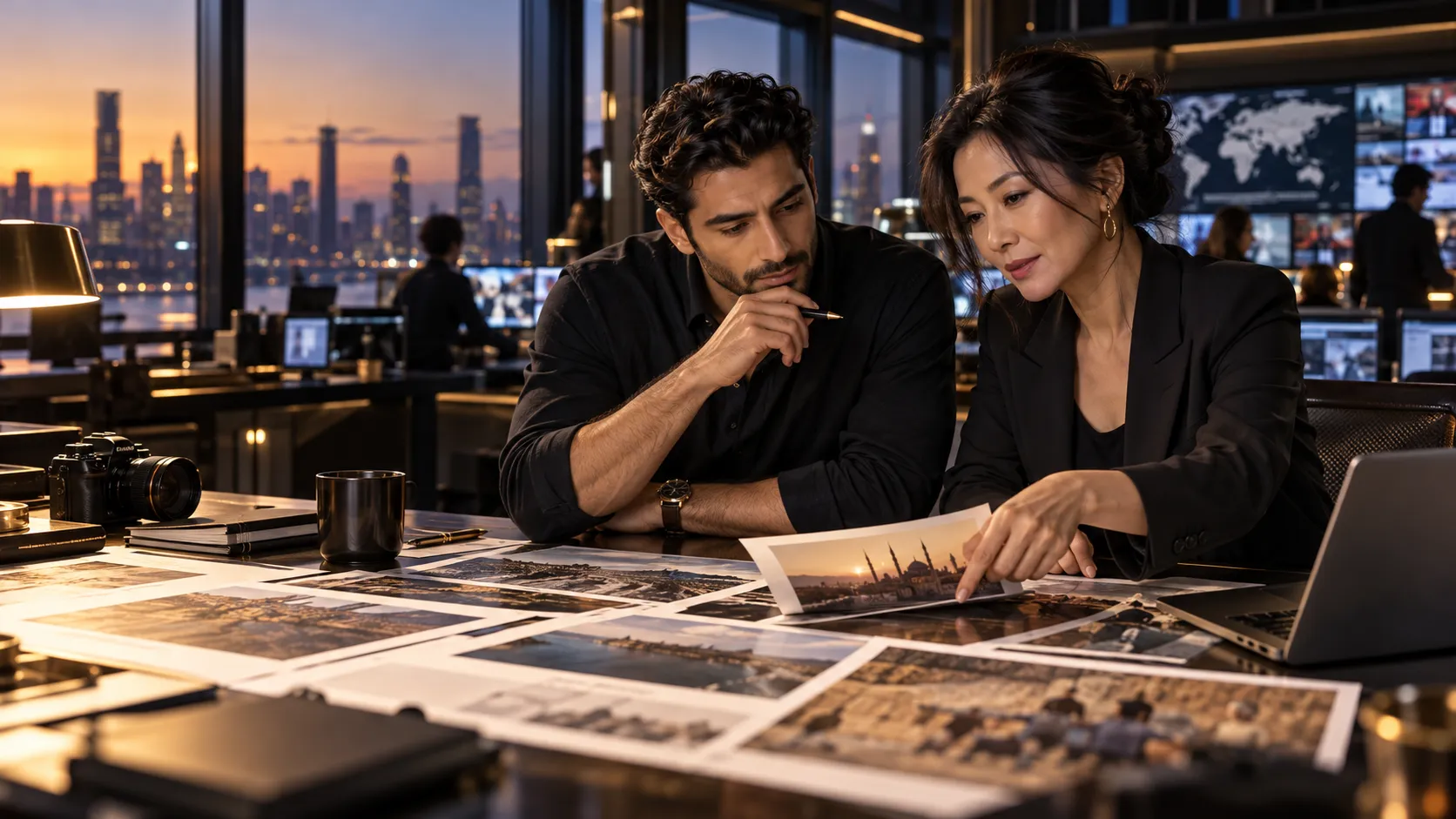 Two regional editors examine photographs in an international newsroom.