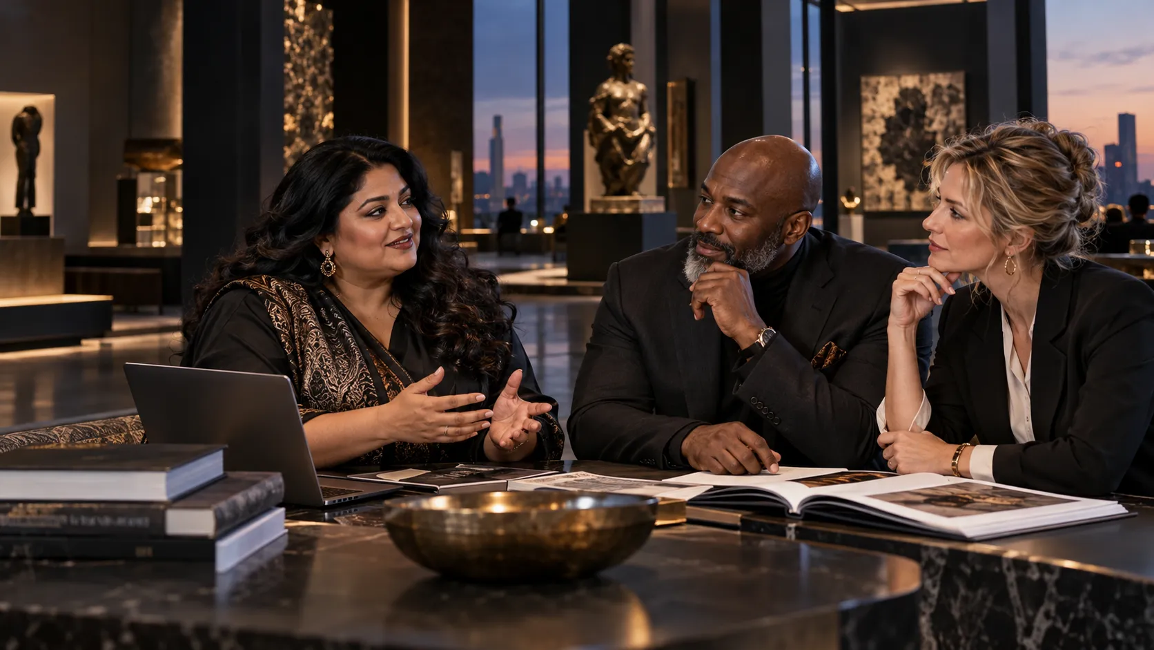 Three institutional partners discuss a proposal around a meeting table.