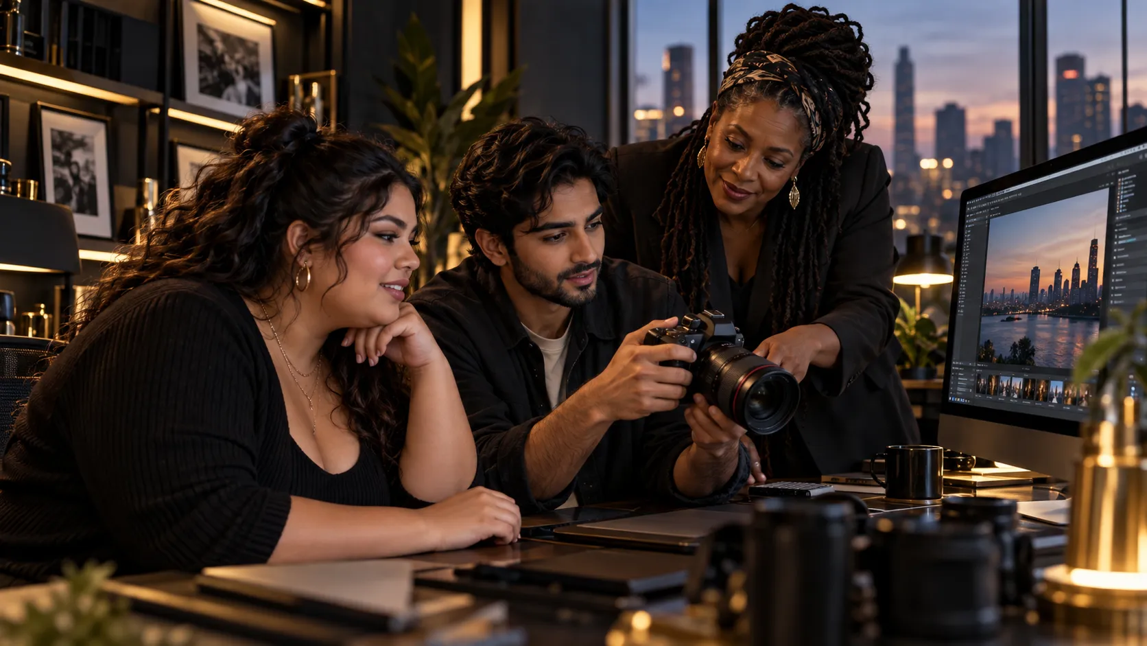 A mentor and two adult learners review a camera and visual editing work.