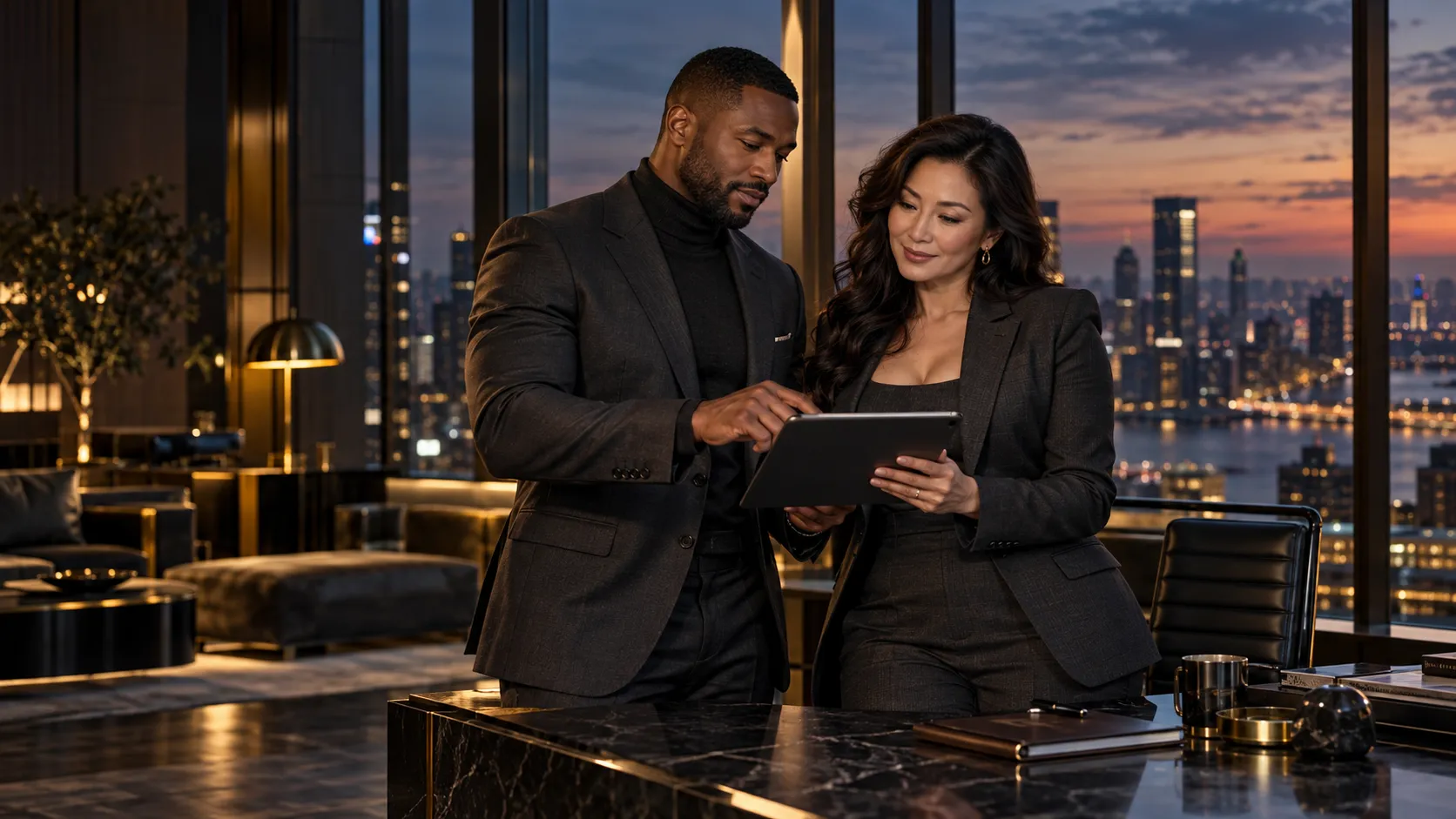 Two professionals review a tablet in a city-facing office at dusk.