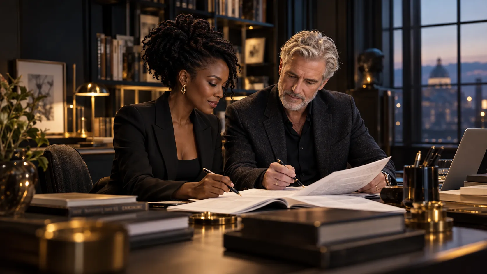 Two editors review a manuscript together in a warmly lit editorial studio.