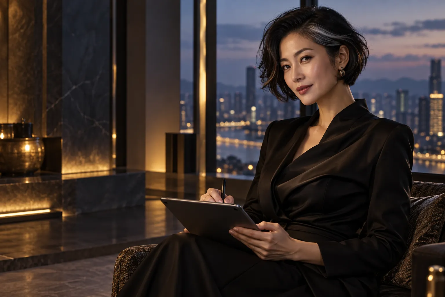 Conceptual scene: a reader pausing with a tablet in a city-facing room.