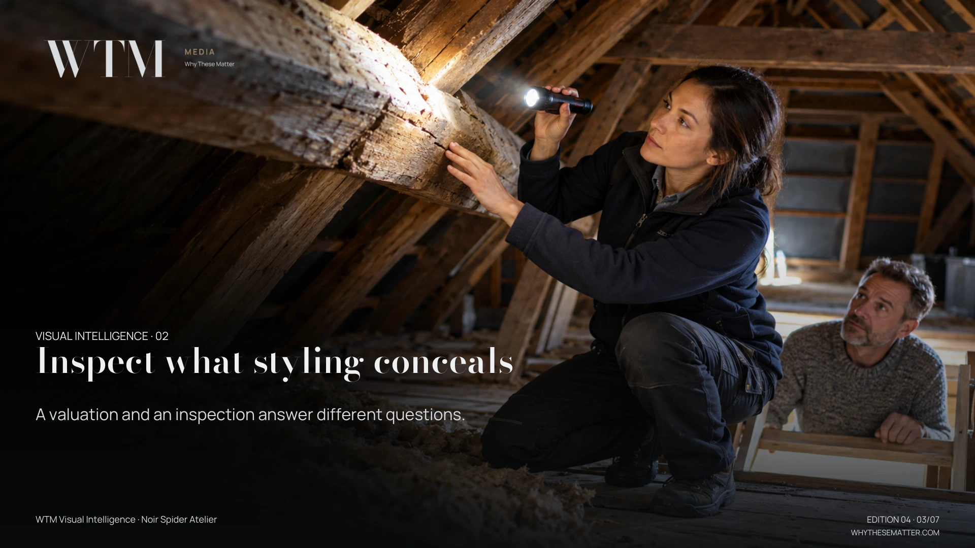 Illustrative scene: a woman independent inspector examining attic timbers with torch, homeowner safely observing from hatch, convincing anatomy. Decision: A valuation and an inspection answer different questions.
