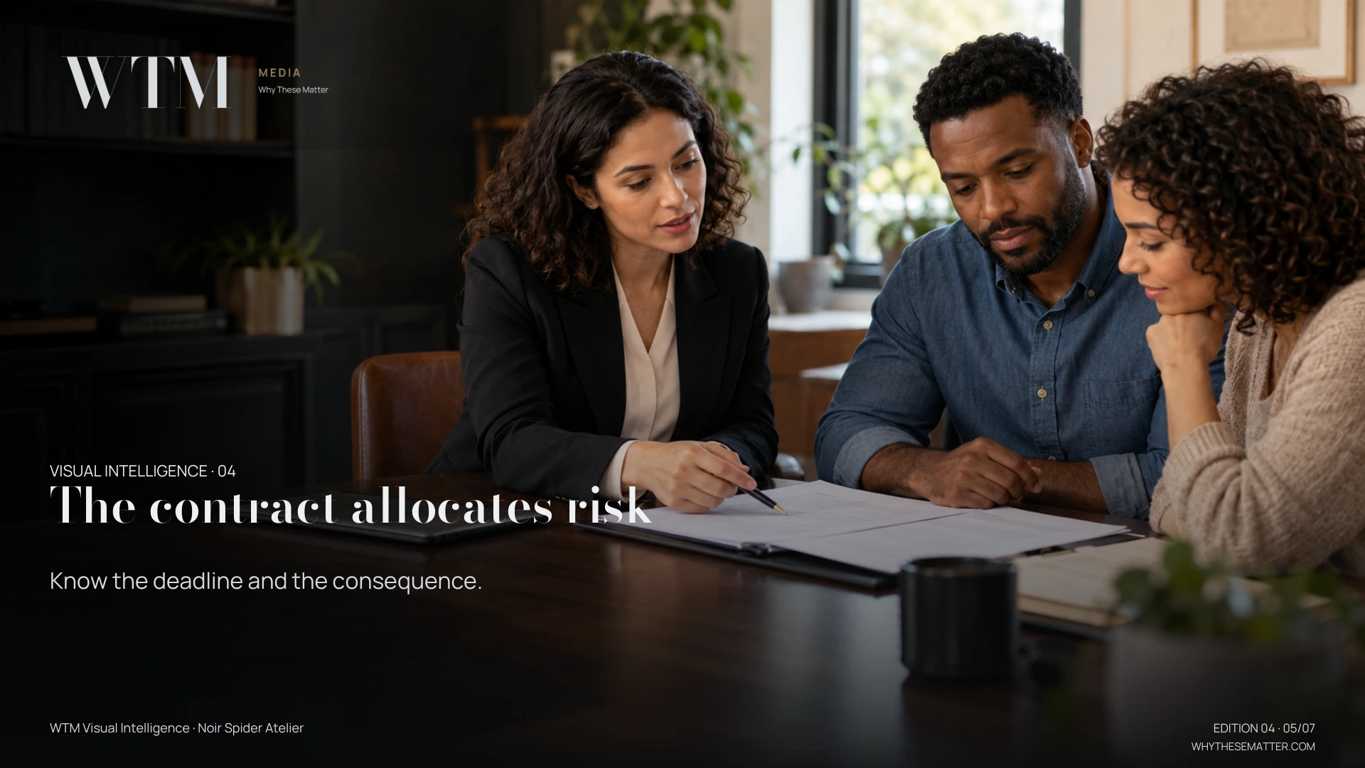 Illustrative scene: a female lawyer and two homebuyers reviewing a plain purchase contract at a small professional table, no readable text. Decision: Know the deadline and the consequence.