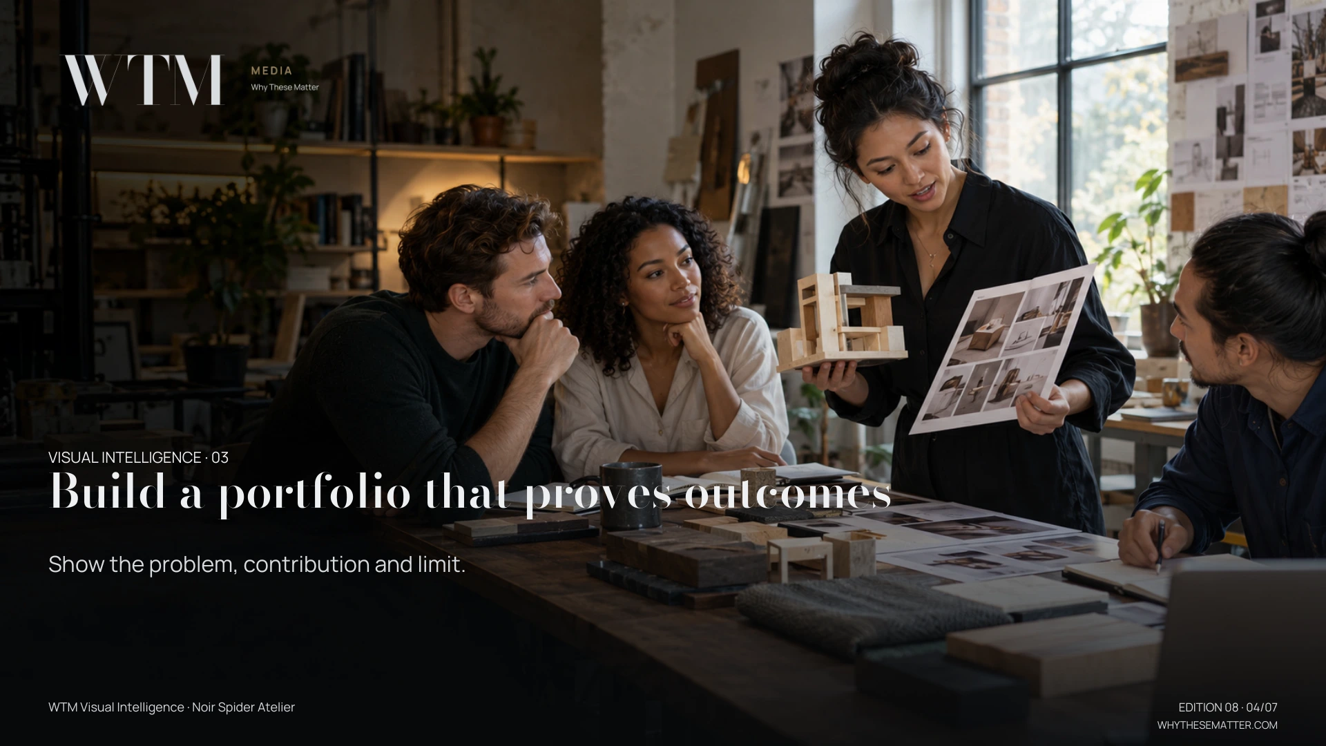 Illustrative scene: a woman presenting a physical project prototype and short printed case study to a small attentive team, evidence of actual work. Decision: Show the problem, contribution and limit.