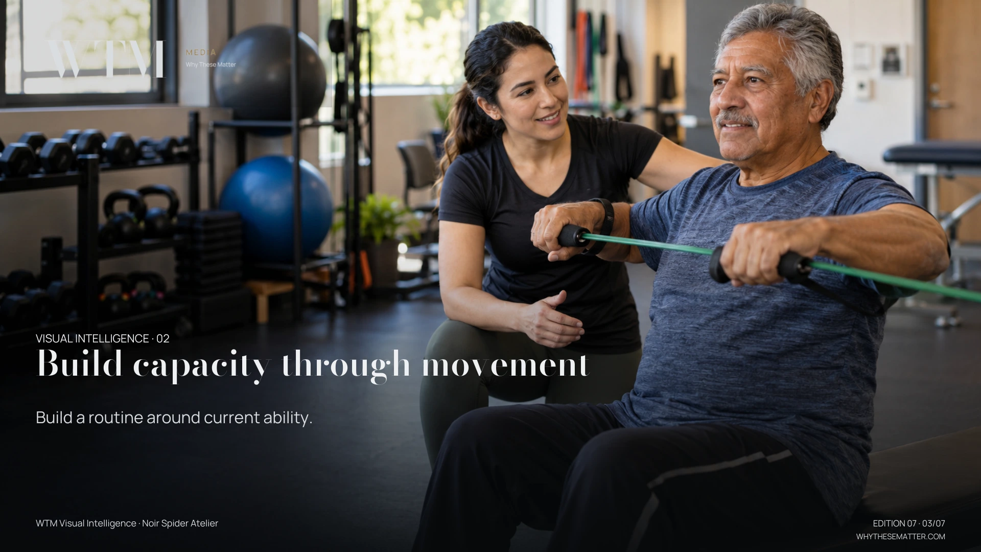 Illustrative scene: an older Latino man doing controlled resistance exercise under a qualified female trainer's attentive guidance, ordinary community centre. Decision: Build a routine around current ability.