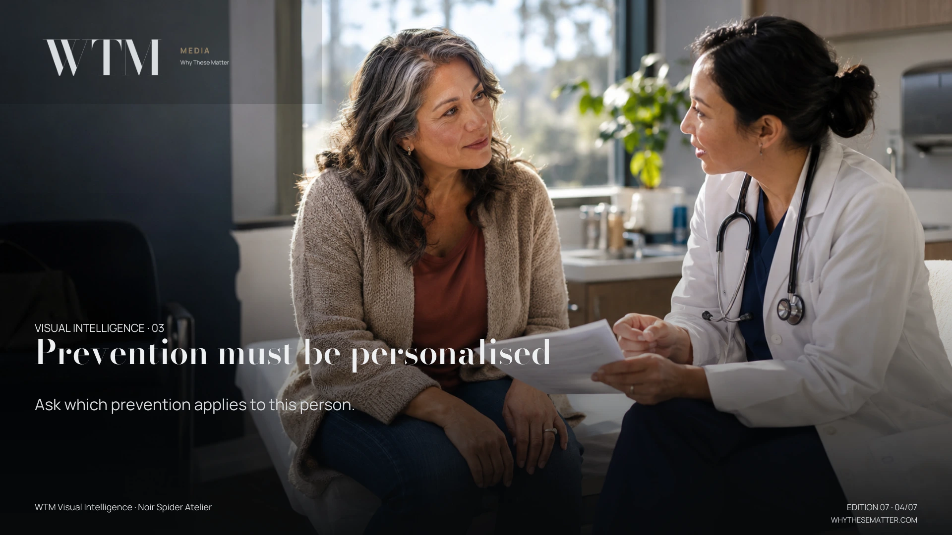 Illustrative scene: a woman fifty-five discussing a concise medication list with a female clinician, equal gaze, no fake medical scan. Decision: Ask which prevention applies to this person.