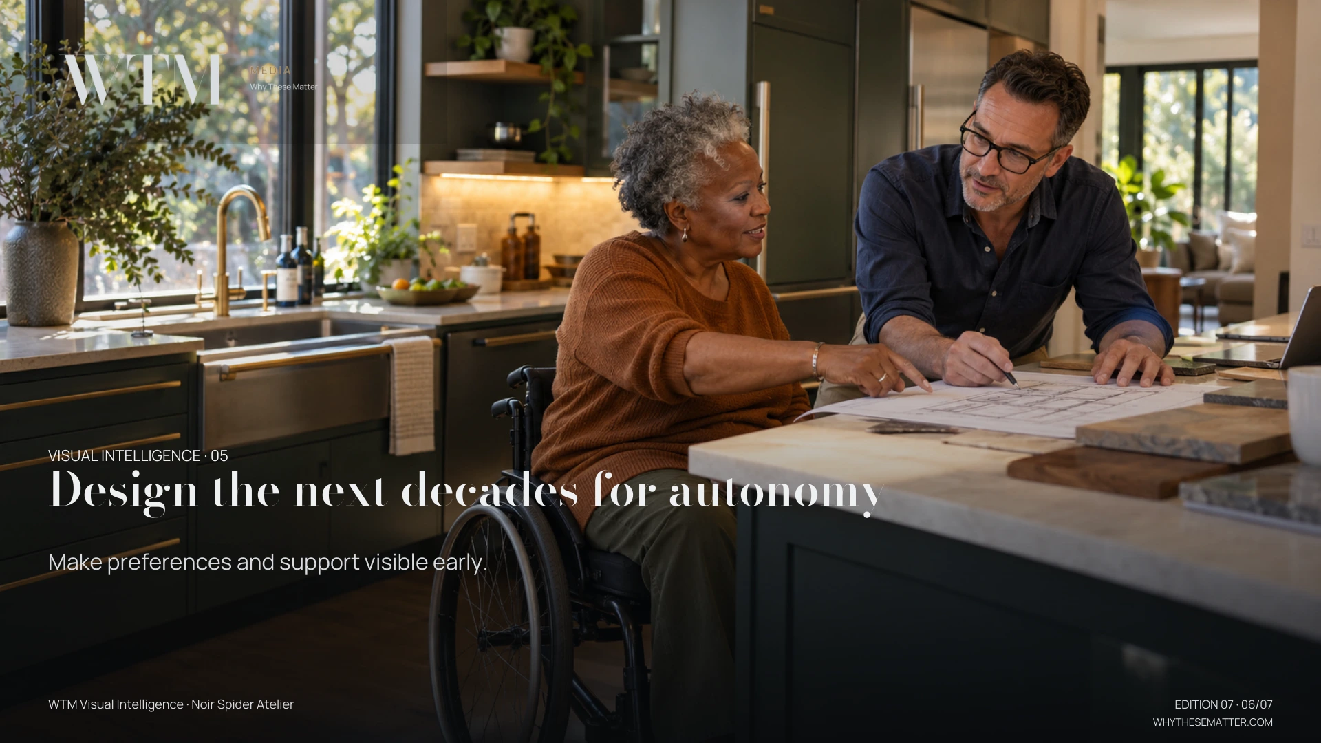 Illustrative scene: a stylish older Black wheelchair user discussing accessible kitchen changes with an architect in her own home, autonomy and control. Decision: Make preferences and support visible early.