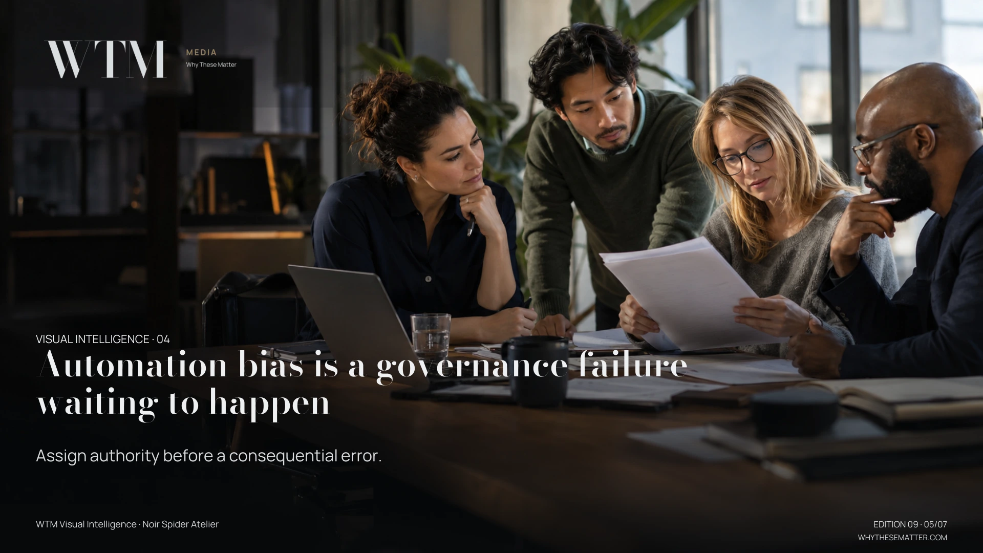 Illustrative scene: a diverse hiring panel carefully discussing a candidate case file rather than blindly accepting laptop recommendation, no readable data. Decision: Assign authority before a consequential error.