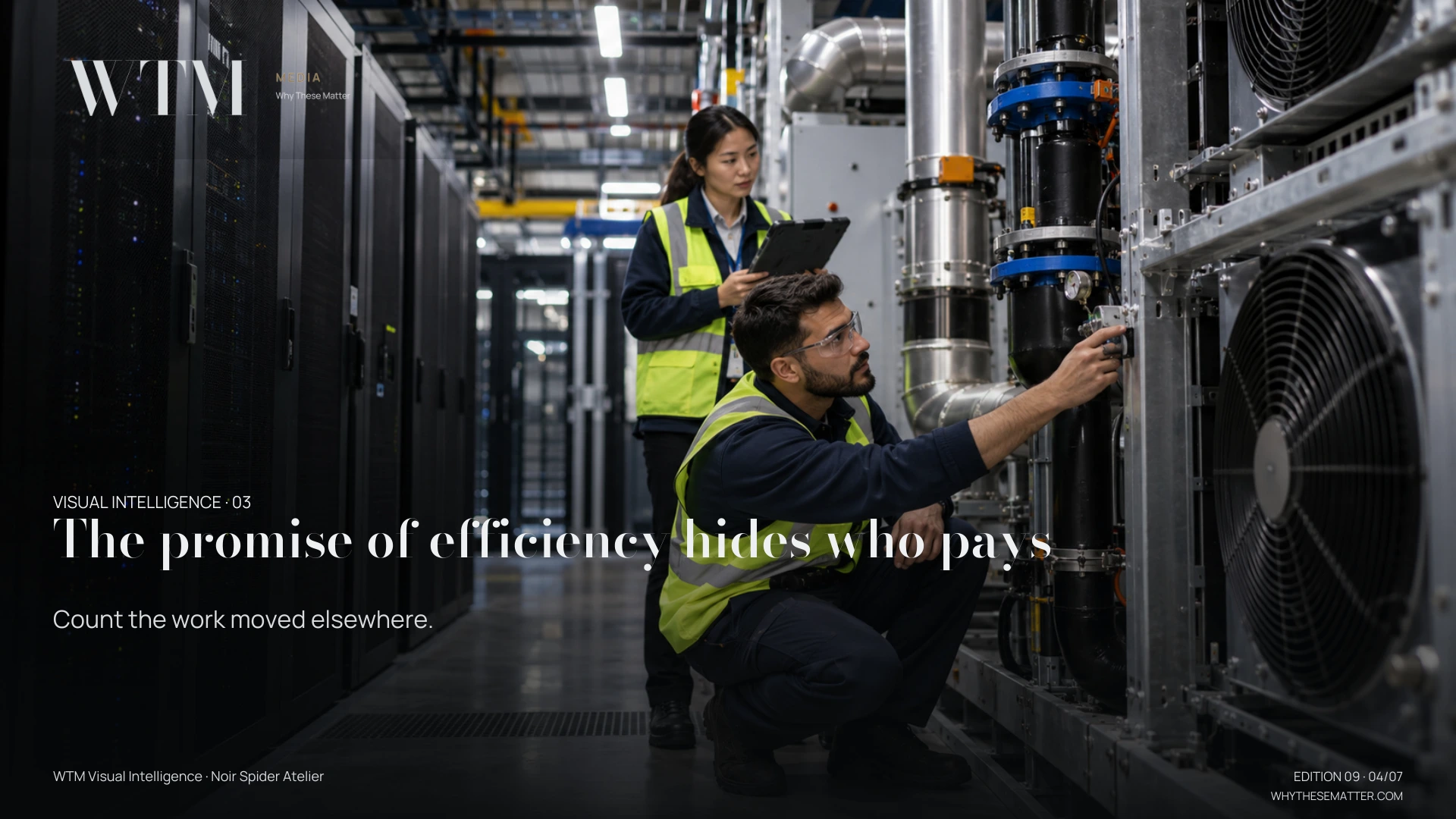 Illustrative scene: a data-centre technician inspecting physical cooling equipment while colleague reviews workflow, material cost behind digital convenience. Decision: Count the work moved elsewhere.