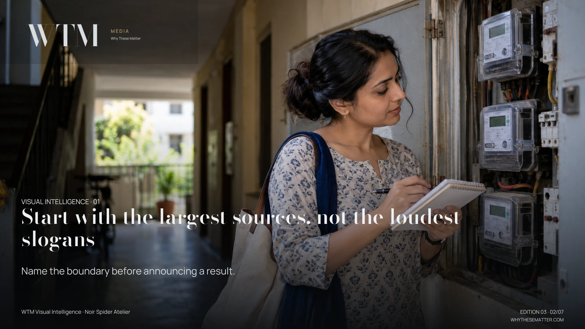 Illustrative scene: a South Asian woman reviewing electricity meter readings beside an older apartment service cupboard, unobtrusive realistic hardware. Decision: Name the boundary before announcing a result.