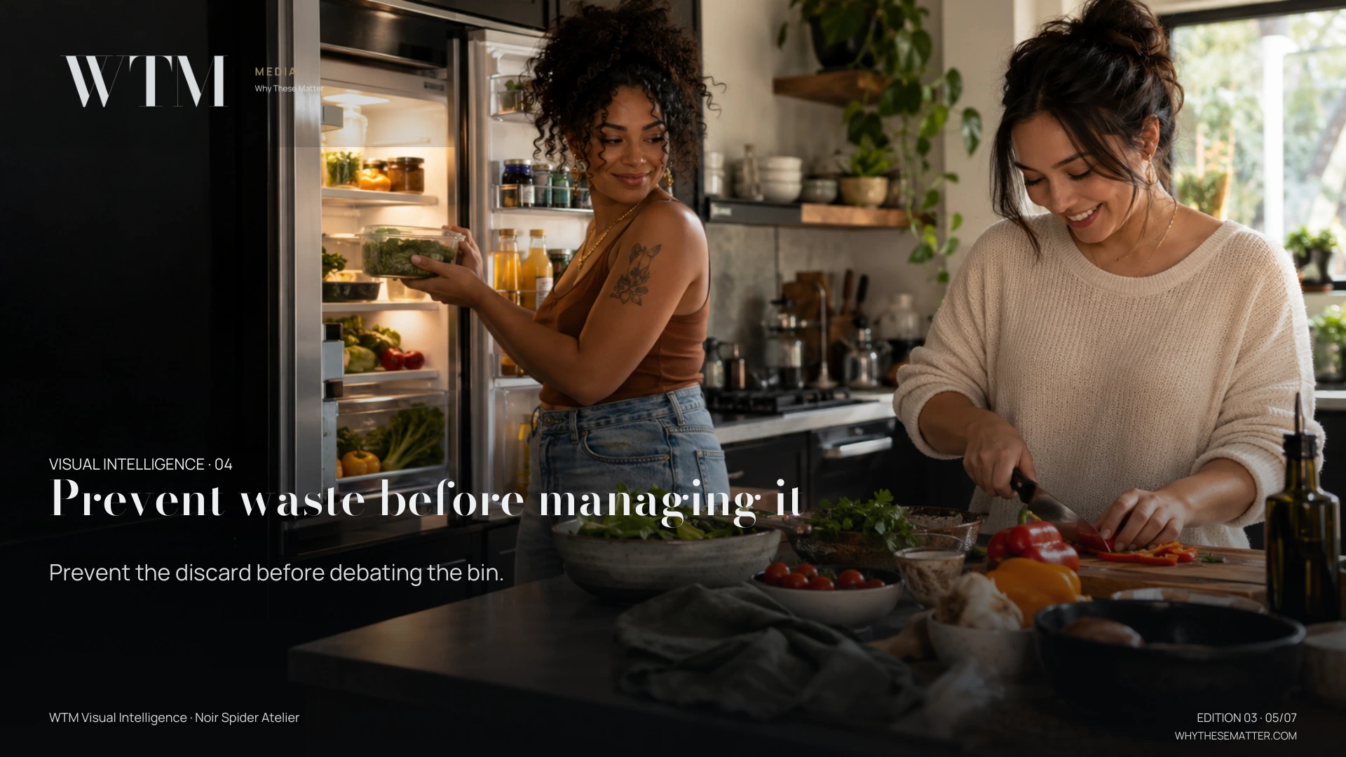 Illustrative scene: two interracial lesbian women preparing food from existing ingredients and checking refrigerator storage, no waste spectacle. Decision: Prevent the discard before debating the bin.