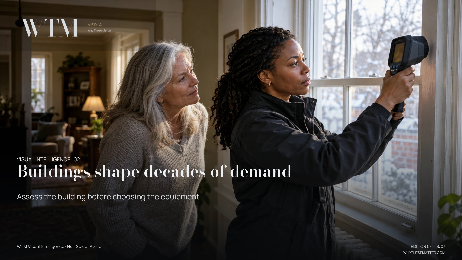 Illustrative scene: a Black female energy assessor using a thermal camera near an older home's window with homeowner observing, no readable screen. Decision: Assess the building before choosing the equipment.