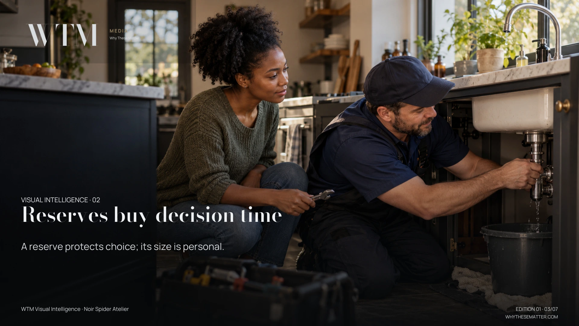 Illustrative scene: a young Black woman calmly repairing a leaking kitchen tap alongside a plumber, emergency savings as time and control. Decision: A reserve protects choice; its size is personal.