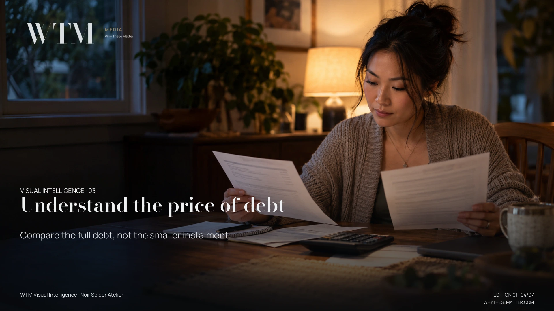 Illustrative scene: an Asian American adult studying two credit offers with calculator, lamp-lit dining nook, eyes on document. Decision: Compare the full debt, not the smaller instalment.