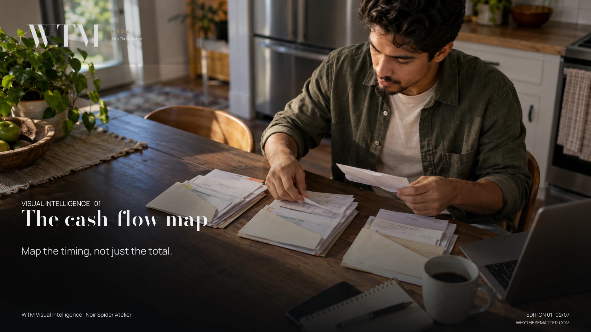 Illustrative scene: a young Latino man at a kitchen table arranging monthly bills into essentials, variable and annual envelope groups, overhead oblique intimate composition. Decision: Map the timing, not just the total.