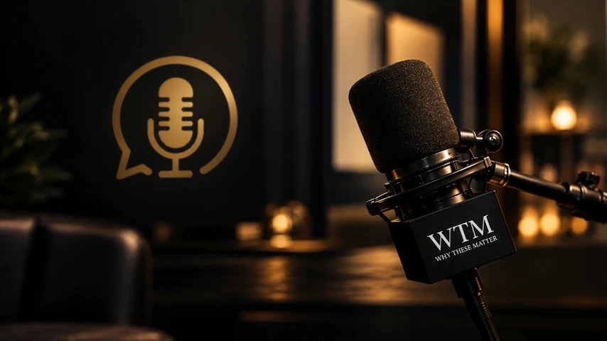 WTM-branded microphone in a warmly lit interview studio.