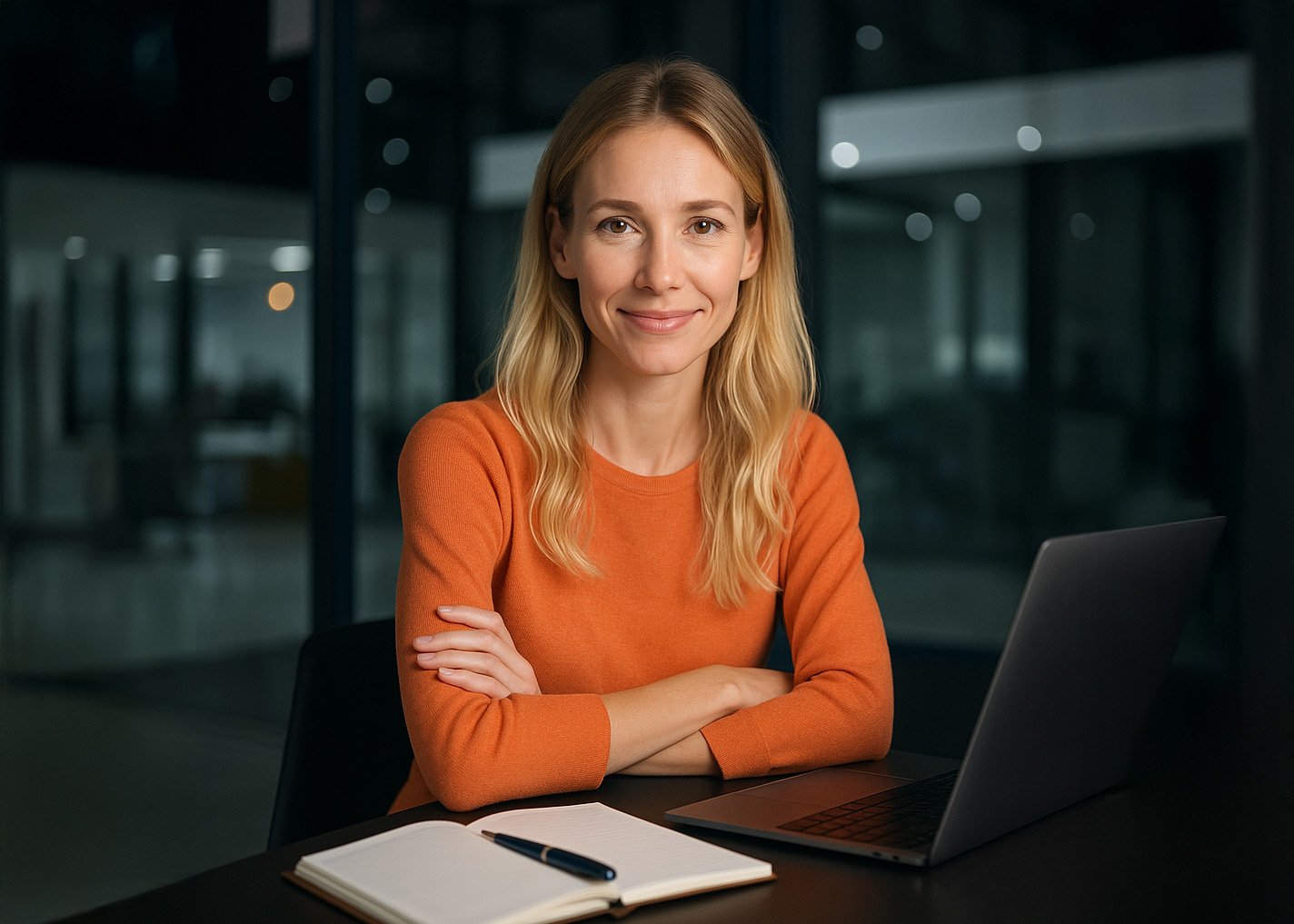Smiling woman in an orange sweater sits at a desk with a laptop and open notebook, in a modern office at night.